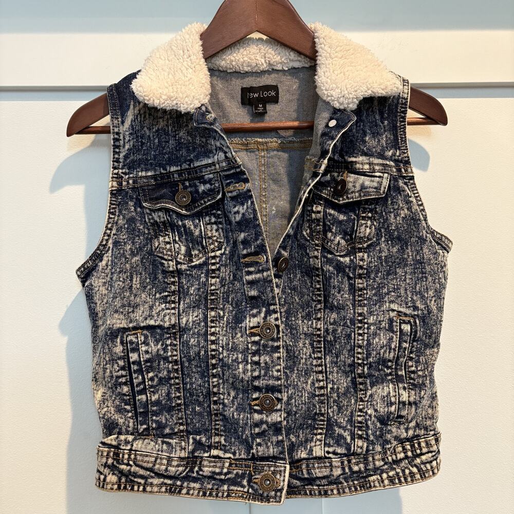 New Look Denim Vest Womens Medium Blue Acid Wash Sherpa Collar Sleeveless Jacket